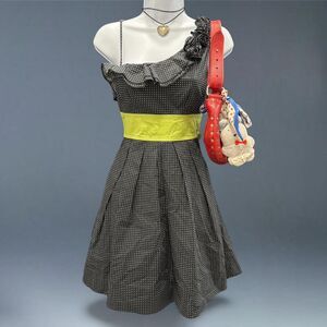 Speechless Polka Dot One Shoulder Mini Dress Black White Lime Belt Party Size 3